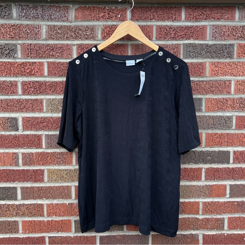 Chico’s Black and Silver 3 Button Short Sleeve Blouse Shirt Top